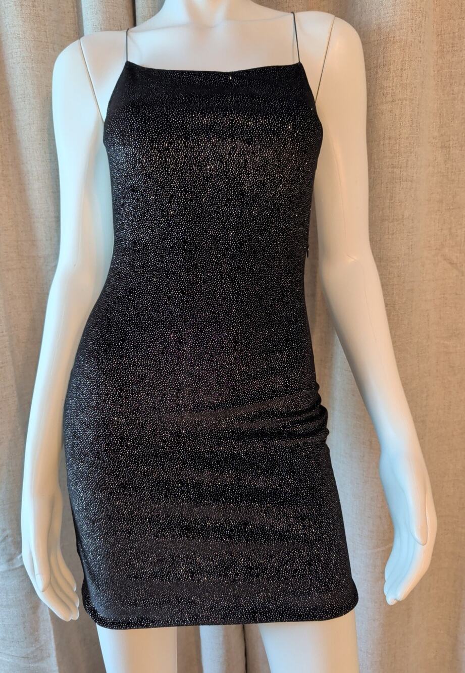 Meshki Glitter Mini Dress Black XS Open Strappy Low Spider Web Back Cocktail